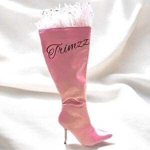 Size 5………Elegant Pink Satin Knee High Boots w/feather Trim. ‎ New….Public Desire